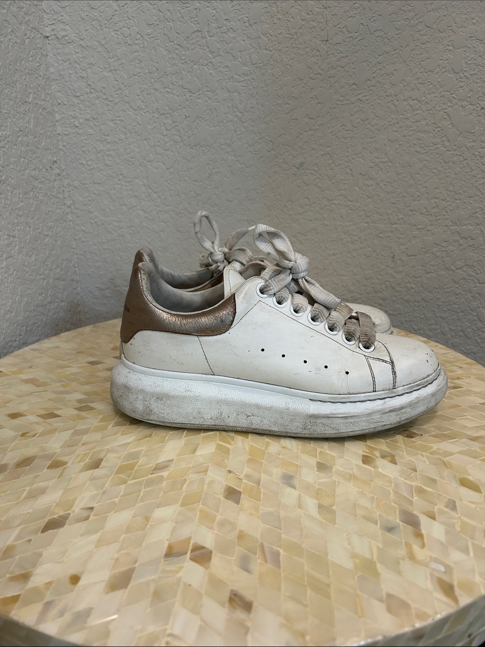 Alexander McQueen Off-White Leather Platform Sneakers with Light bronze Accents